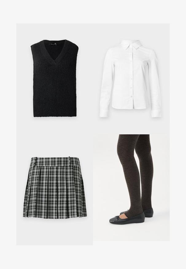 Gilet sans manches en tricot noir avec col en V, posé à plat sur un fond blanc.; Chemise blanche à manches longues avec boutons, col pointu, ourlet droit et silhouette ajustée, présentée sur un fond clair uni.; Jupe plissée à carreaux noir et blanc avec une taille lisse et de multiples plis verticaux. Fabriquée en tissu léger.; Jambes portant des leggings côtelés foncés associés à des ballerines noires avec de petits détails en nœud sur fond blanc.