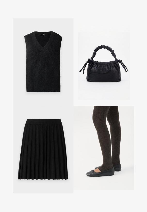 Zwarte gebreide mouwloze trui met V-hals plat gelegd op een witte achtergrond.; Vero Moda Knitted VMMARINA Short - Minirok - black; Benen met donkere geribbelde leggings gecombineerd met zwarte ballerina's met kleine strikdetails op een witte achtergrond.; Zwarte handtas met krokodillenstructuur, geplooide bovenrand, samengevoerde handgreep en koordtassels aan elke kant tegen een witte achtergrond.