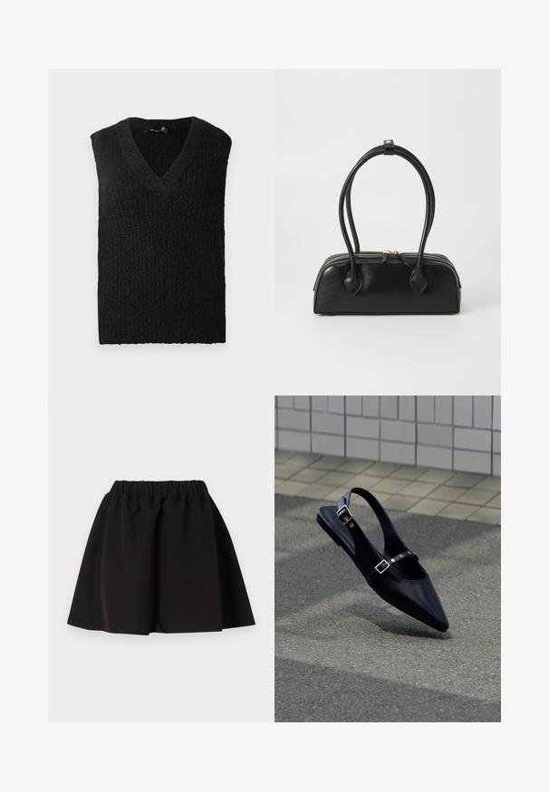 Chaleco de punto negro sin mangas con cuello en V dispuesto sobre un fondo blanco.; Falda negra con cintura elástica, forma en línea A y dobladillo a la altura de la rodilla, diseño liso, mostrada extendida sobre un fondo blanco.; Zapato plano negro de punta puntiaguda con tiras de doble hebilla y talón descubierto, descansando sobre asfalto gris cerca de una pared con azulejos.; Bolso de mano de cuero negro con dos asas alargadas, cierre de cremallera y forma redondeada; textura suave con un acabado ligeramente brillante.