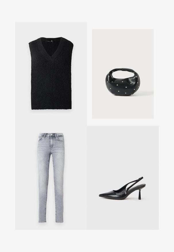 Schwarze gestrickte ärmellose Sweater-Weste mit V-Ausschnitt flach auf einem weißen Hintergrund gelegt.; Hellgraue Skinny-Jeans aus Denim mit hoher Taille, Gürtelschlaufen und klassischem 5-Taschen-Design mit dezenten Verwaschungen.; Schwarzer Leder Slingback High Heel Schuh mit spitzer Zehenpartie und schmalem Absatz auf einem weißen Hintergrund.; Schwarze Lederhandtasche mit abgerundeter Form, verziert mit silbernen Nietenakzenten und kurzem Griff. Glatte Struktur und Reißverschlussverschluss.
