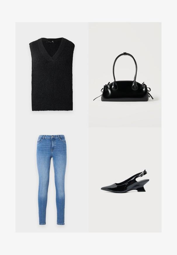 Chaleco de punto negro sin mangas con cuello en V dispuesto sobre un fondo blanco.; Jeans ajustados en denim azul claro, con una cintura de media altura, diseño de cinco bolsillos y costuras tonales con una textura suave.; Zapato slingback de cuero charol negro con puntera puntiaguda y tacón bajo en bloque inclinado sobre fondo claro liso.; Pequeño bolso negro brillante con dos asas largas y detalles de cordón lateral sobre un fondo claro liso.