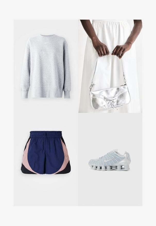 Harmaa collegepaita, jossa on pyöreä kaula-aukko, pitkät hihat, joustavat hihansuut ja helma, sekä pieni valkoinen Nike-logo rinnassa. Pehmeä, teksturoitu kangas.; Nike urheilu shortsit, joissa on joustava vyötärö, ja joissa on merensiiven, vaaleanpunaisen ja mustan värin paneeleita. Valmistettu kevyestä, teksturoidusta kankaasta.; Vaaleanharmaa urheilukenkä, jossa on jaettu pehmustepohja ja verkkopäällinen, sivussa swoosh-logo.; Hopeakäyttöinen käsilaukku, jossa on nauhakiinnitys, elegantti muotoilu ja lyhyt hihna. Laukkua pidetään käsissä, esittäen sen pintarakennetta.