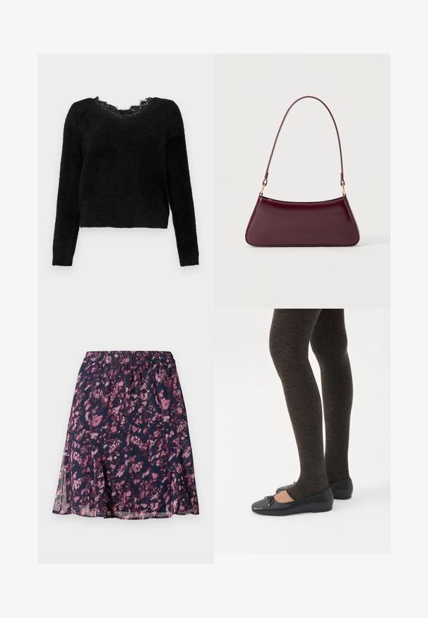 Suéter negro esponjoso de manga larga, escote en V y detalle de encaje deshilachado en el cuello. Textura suave con un diseño corto.; Falda marina con cintura elástica, que presenta un patrón abstracto de flores en tonos rosa y púrpura, y un dobladillo ligeramente acampanado.; Piernas con leggings oscuros acanalados combinados con bailarinas negras que presentan pequeños detalles de lazo sobre un fondo blanco.; Bolso brillante de color burdeos oscuro con un asa fina y única y una forma elegante de trapecio sobre un fondo claro y liso.