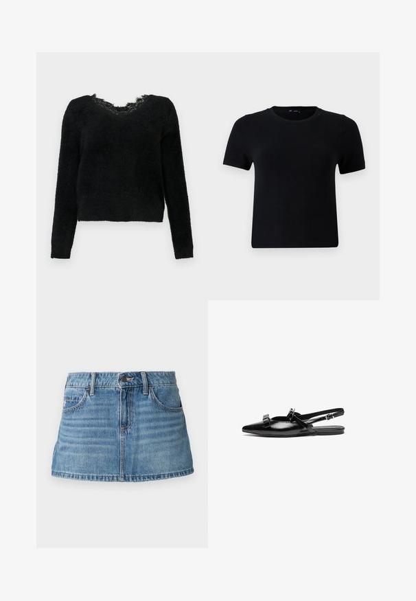 Pull noir en peluche avec des manches longues, décolleté en V et détail en dentelle effilochée au col. Texture douce avec un design court.; T-shirt noir à manches courtes avec un col rond, fabriqué en tissu doux. Présente une coupe classique et un design épuré et simple.; Jupe mini en denim clair avec un design structuré. Comprend des poches avant, des passants de ceinture et un léger dégradé pour ajouter de la texture.; Chaussure plate à bride arrière en cuir noir avec un bout pointu, ornée de volants sur le avant-pied et d'une sangle à cheville réglable. Texture de surface lisse.