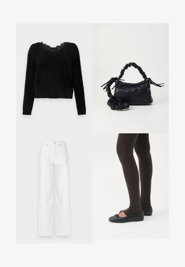 Zwarte, donzige trui met lange mouwen, V-hals en rafelige kantdetails bij de kraag. Zachte textuur met een cropped ontwerp.; Witte wijde spijkerbroeken van denim, met een sluiting aan de voorkant met knopen, riemlussen en vier zakken met een schone, gladde textuur.; Benen met donkere geribbelde leggings gecombineerd met zwarte ballerina's met kleine strikdetails op een witte achtergrond.; Zwarte nepleer handtas met een krokodillenstructuur, opgedroogde bovenkant en een gekreukte hengsel. Het lijkt zacht en compact van ontwerp.
