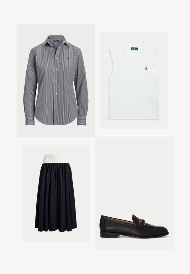 Hvid ærmeløs sweater med et kabelstrikket mønster, ribbet halsudskæring og kant, med en lille blå broderet logo på brystet.; Stribet skjorte med knapper, der har lodrette marineblå og hvide striber, lange ærmer, spidse kraver og et lille logo på brystet.; Knælang nederdel i mørk marineblå stof med en hvid elastisk taljebånd. Med plisseret design og en lille rød logoaccent.; Sort læderloafer med lille hæl og dekorativt gyldent spænde foran, vist fra siden på en hvid baggrund.