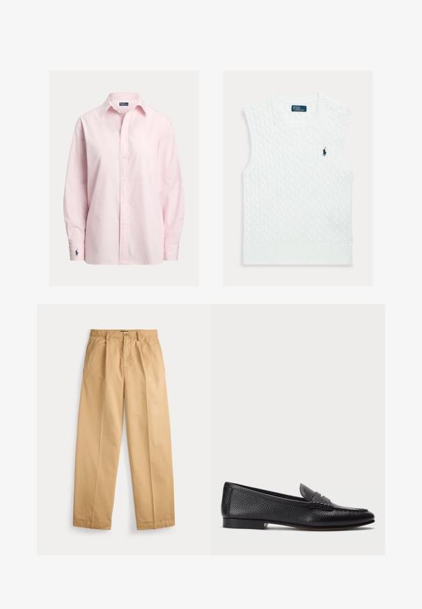 Suéter blanco sin mangas con un patrón de punto trenzado, cuello y ribete acanalados, con un pequeño logo azul bordado en el pecho.; Camisa rosa claro abotonada hecha de una suave mezcla de algodón, con cuello estándar, mangas largas y un pequeño logo bordado en el puño.; Pantalones beige de pierna recta con cierre de botón y cremallera, bolsillos delanteros, trabillas para cinturón y pliegues prensados a lo largo de las piernas.; Mocasin de cuero negro con acabado texturizado, que cuenta con una correa decorativa y tacón plano. Diseño elegante y minimalista con punta redondeada.