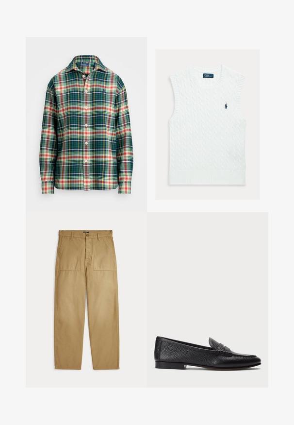 Hvid ærmeløs sweater med et kabelstrikket mønster, ribbet halsudskæring og kant, med en lille blå broderet logo på brystet.; Langærmet skjorte med knaplukning, i grøn, marineblå, hvid, orange og gul plaidmønster, med spredt krave og lille broderet logo på brystet.; Beige bukser med lige ben, forlommer med lapper, bæltestropper og lukning med knap og lynlås.; Sorte læder loafers med struktureret finish, der har en dekorativ rem og flad hæl. Slank, minimalistisk design med rund tå.