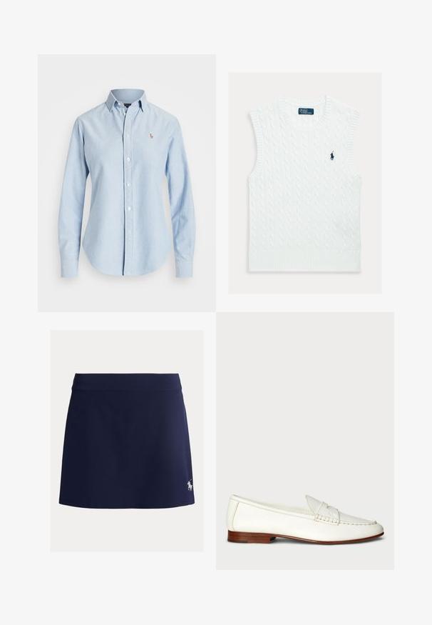 Witte mouwloze trui met kabelbreipatroon, geribde halslijn en zoom, met een klein blauw geborduurd logo op de borst.; Lichtblauw overhemd met lange mouwen, knopen, kraag en een klein geborduurd logo op de linkerborst.; Marineblauwe skort gemaakt van rekbare stof, voorzien van een brede tailleband en een klein wit paardenlogo aan de onderzijde links.; Witte leren instappers met een getextureerde afwerking, ronde neus en geweven accent. Lage houten hak en minimalistisch ontwerp.