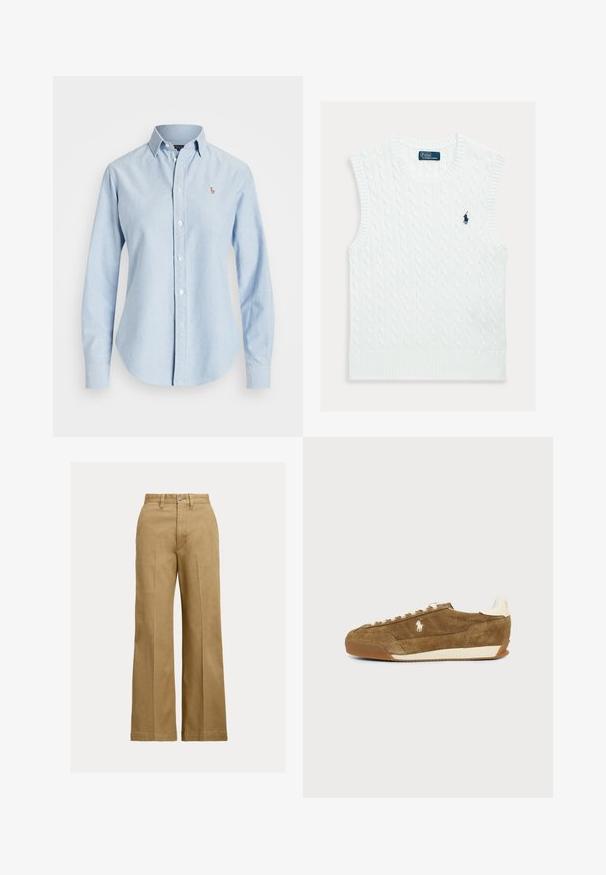 White sleeveless sweater with a cable knit pattern, ribbed neckline and hem, featuring a small blue embroidered logo on the chest.; Light blue long-sleeve button-up shirt with collar and small embroidered logo on the left chest.; Tan wide-leg trousers with front pleats, belt loops, and a button closure on a plain light background.; Brown suede low-top sneaker with white laces, beige sole, and a small white horse logo on the side.