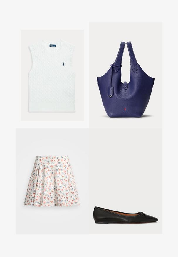 Hvid ærmeløs sweater med et kabelstrikket mønster, ribbet halsudskæring og kant, med en lille blå broderet logo på brystet.; Blomsterkjole i cremet stof med røde og blå blomster. A-formet med plisseringer ved taljen og knaplukning foran.; Sorte læderballetflade med spids tå, slank silhuet og en lille sløjfedetalje på forsiden. Glat tekstur og minimalistisk design.; Mørkeblå tekstureret læderhåndtaske med to håndtag og et lille rødt logo nær den nederste midte.