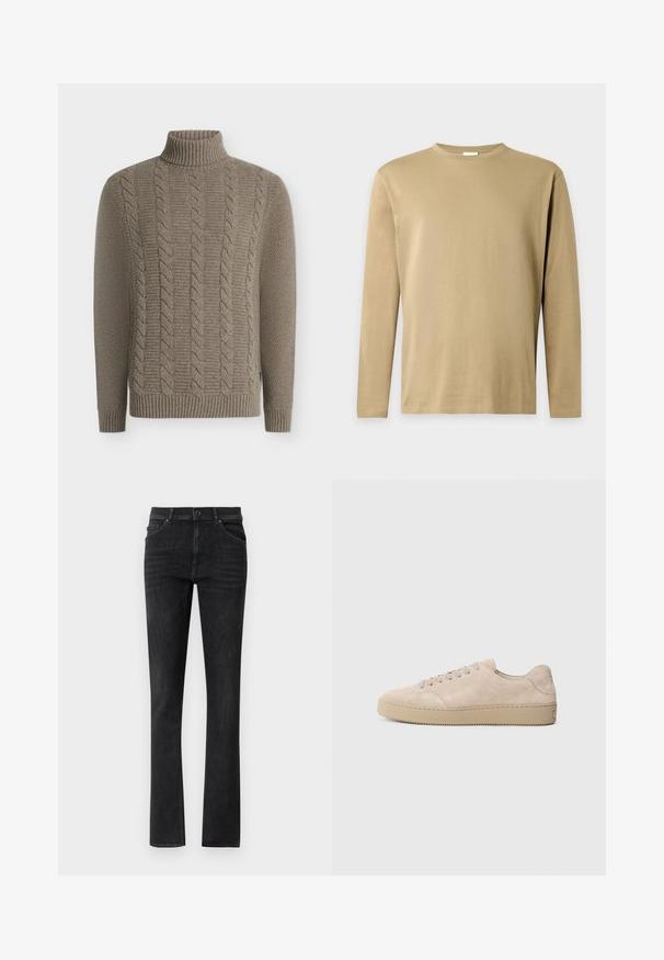 Beiger gestrickter Rollkragenpullover mit Zopfmuster auf der Vorderseite und strukturierten Ärmeln, gerippte Bündchen und Saum.; Beiges Langarmshirt mit Rundhalsausschnitt und einfachem, einfarbigem Design auf hellem grauem Hintergrund.; Schwarze Denim-Jeans mit geradem Bein, ausgestattet mit Fronttaschen und Knopfverschluss. Glatte Textur mit dezentem Verblassen.; Beige Wildlederschuh mit einer runden Zehenform, flachen Schnürsenkeln und einer strukturierten Gummisohle. Minimalistisches Design mit glatten Kanten und dezenten Nähten.