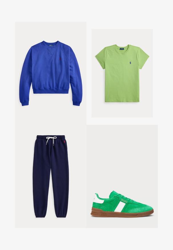 Sudadera azul de manga larga con cuello redondo, puños y dobladillo acanalados, con un pequeño logo rojo bordado en el pecho izquierdo.; Camiseta de algodón verde con cuello redondo y mangas cortas. Presenta un pequeño logo azul en el lado izquierdo del pecho. Textura suave, ajuste informal.; Pantalones jogger azul marino con cintura de cordón blanco y puños elásticos, con pequeño logo rojo bordado cerca del bolsillo izquierdo.; Zapatillas de ante verde con una franja horizontal blanca, suela de goma marrón y cordones tonales. Marca en el lateral y en la parte trasera.