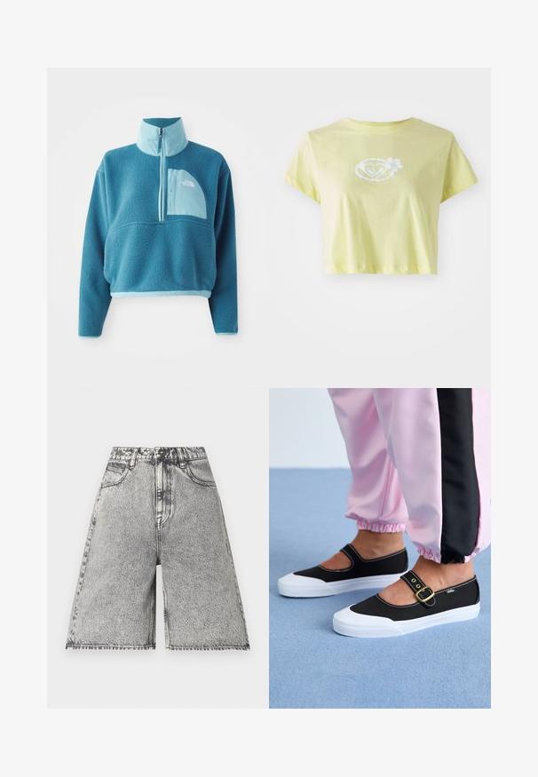 Pull en polaire bleu avec une fermeture éclair partielle, col haut et une poche frontale. Accentué d'une bordure bleu clair et d'une texture de tissu.; T-shirt court jaune clair en coton. Présente un design graphique floral blanc au centre d'une forme de cœur à l'avant.; Shorts en denim avec un motif délavé noir et gris, présentés avec une taille haute, des passants de ceinture et cinq poches. Les bords sont finis.; Baskets noires en toile avec une semelle blanche, présentant un design découpé et une sangle en boucle dorée. Portées avec un pantalon de survêtement rose.