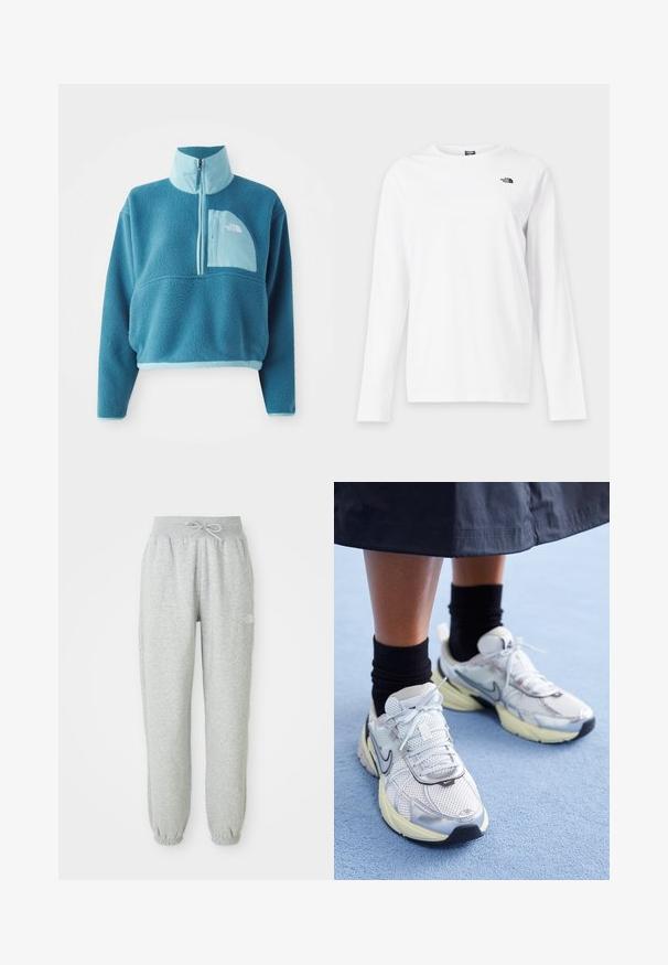 Blå fleece trøje med delvis lynlås, høj krave og en frontlomme. Accentueret med en lysere blå kant og en stoftekstur.; Hvid langærmet T-shirt med rund hals og lille sort The North Face-logo på venstre bryst.; Grå sweatpants med elastisk talje og snøre. Stoffet er blødt, og de har elastiske manchetter ved anklerne samt et logoaccent.; Hvide og sølv Nike sneakers med mesh-stof, reflekterende detaljer og en beige sål. Bæres med sorte sokker og står på en blå overflade.