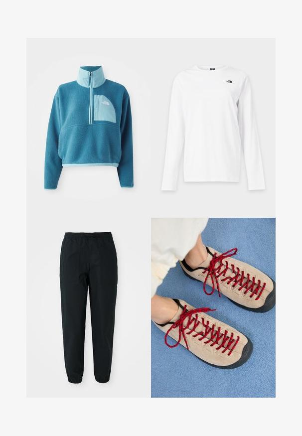 Sinine fliispullover, millel on osaline tõmblukk, kõrge krae ja eesmine tasku. Rikkalikult kergema sinise äärisega ja kangatekstuuriga.; Valge pika varrukaga ümara kaelusega särk, millel vasakul rinnal väike must The North Face logo.; Mustad mustad püksid, mis on valmistatud sileda kanga materjalist, omavad elastset vöökohta, paelaga reguleerimist ja külgmisi kottide taskuid. Elastsed mansetid pahkluude juures.; Beezhikirid punased nööridega, paigutatud sinisele tekstureeritud pinnale, osaliselt paljastavad inimese pahkluu. Kingad on sportliku disainiga.