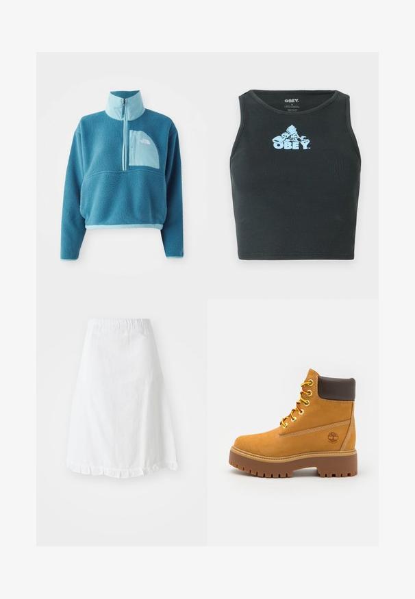 Pull en polaire bleu avec une fermeture éclair partielle, col haut et une poche frontale. Accentué d'une bordure bleu clair et d'une texture de tissu.; Débardeur court en coton noir à côtes, présentant un logo graphique bleu clair centré sur la poitrine. Design sans manches avec un col rond.; Jupe blanche avec taille élastique, présentant un motif texturé et un ourlet festonné en bas. Design simple en A.; Bottine chevauchant la cheville en tan imperméable avec une semelle en caoutchouc robuste, un bout rond, un col en cuir brun, des lacets jaunes et un logo sur le côté.