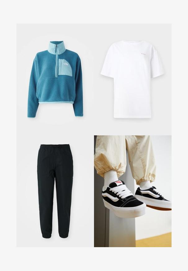 Pull en polaire bleu avec une fermeture éclair partielle, col haut et une poche frontale. Accentué d'une bordure bleu clair et d'une texture de tissu.; T-shirt blanc à manches courtes avec col rond et petit logo Columbia rose sur le haut gauche de la poitrine, sur un fond uni.; Pantalons fuselés noirs en tissu lisse, dotés d'une taille élastique, d'un cordon de serrage et de poches plaquées sur les côtés. Poignets élastiques aux chevilles.; Personne portant des baskets Vans noires et blanches avec des lacets blancs, des chaussettes blanches et un pantalon beige avec des poignets élastiques.