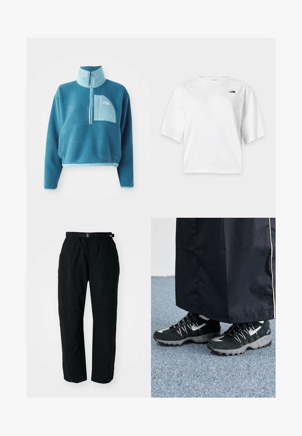 Blå fleece trøje med delvis lynlås, høj krave og en frontlomme. Accentueret med en lysere blå kant og en stoftekstur.; Hvid T-shirt med korte ærmer og rund hals med The North Face-logo i sort på venstre bryst.; Sorte letvægtsbukser med elastisk talje og justerbart bælte. Har tapered ben og forstærkede knæpaneler for holdbarhed.; Sorte sportsko med en struktureret overdel, sølvdetaljer og en mønstret ydersål, parret med et langt sort plagg. Sat mod blå tæpper.