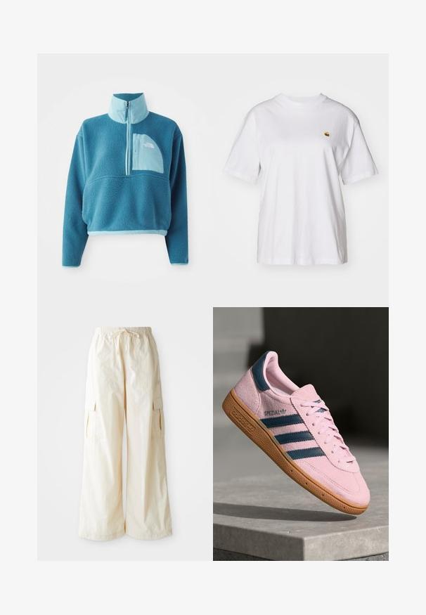 Pull en polaire bleu avec une fermeture éclair partielle, col haut et une poche frontale. Accentué d'une bordure bleu clair et d'une texture de tissu.; T-shirt en coton blanc avec une coupe décontractée, des manches courtes et un petit logo brodé sur la poitrine gauche.; Pantalons cargo à jambes larges en tissu beige clair avec une taille élastique, un cordon de serrage et des poches latérales. Texture douce avec un minimum de détails.; Baskets en daim rose clair avec trois rayures bleu marine, semelle en caoutchouc et lacets rose clair. Présente un logo "SPEZIAL" sur le côté.