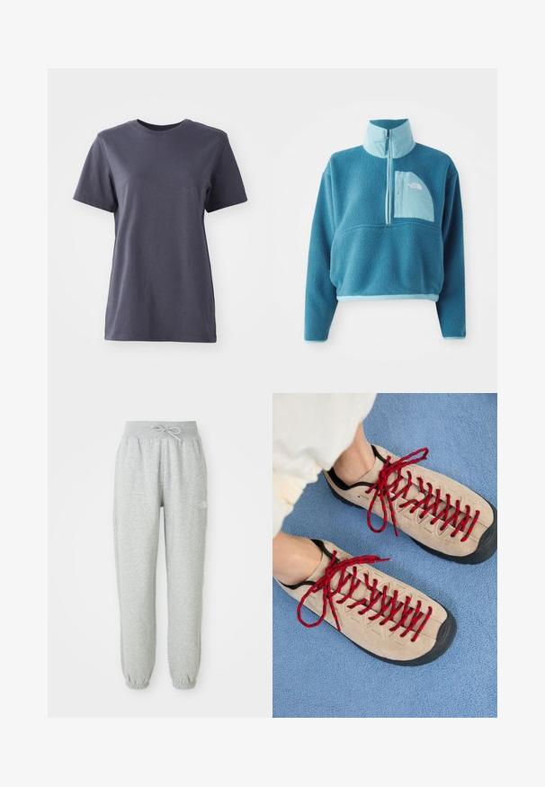 Pull en polaire bleu avec une fermeture éclair partielle, col haut et une poche frontale. Accentué d'une bordure bleu clair et d'une texture de tissu.; T-shirt à manches courtes en coton gris foncé, design col rond, texture lisse, ourlet droit, sans motifs ni détails matériels visibles.; Pantalon de jogging gris avec une taille élastique et un cordon de serrage. Le tissu est doux, avec des poignets élastiques à la cheville et un accent de logo.; Des chaussures beiges avec des lacets rouges, posées sur une surface bleue texturée, révèlent partiellement la cheville d'une personne. Les chaussures ont un design sportif.