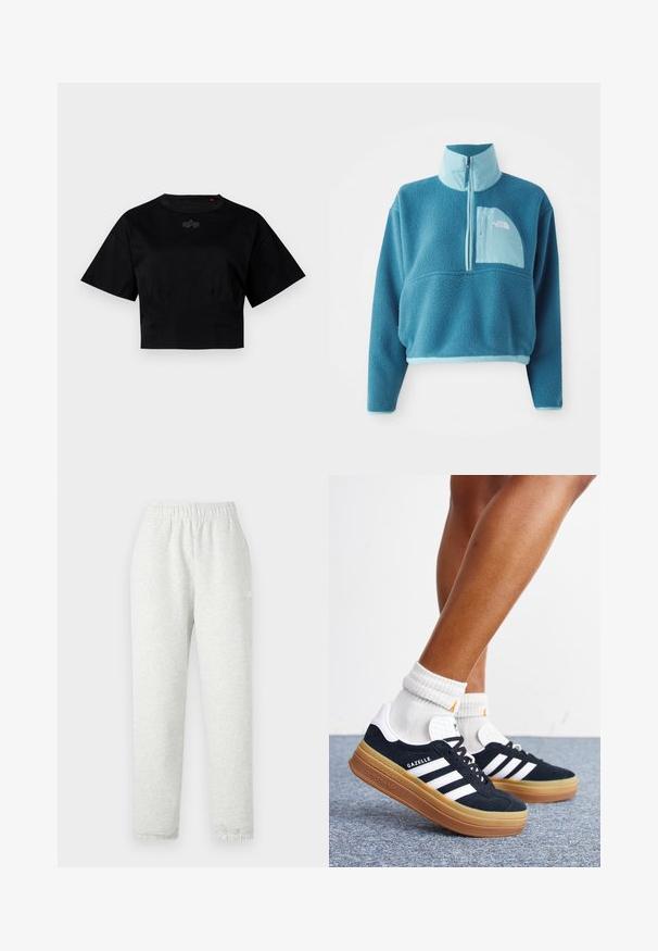 Pull en polaire bleu avec une fermeture éclair partielle, col haut et une poche frontale. Accentué d'une bordure bleu clair et d'une texture de tissu.; T-shirt noir court en coton. Il possède des manches courtes et un décolleté rond. Inclut un détail logo discret sur la poitrine.; Pantalon de survêtement gris clair avec une taille élastique, des jambes fuselées et des poignets côtelés. Fabriqué à partir d'un tissu doux et texturé. Détail logo blanc sur le côté.; Jambes portant des chaussettes blanches et des baskets Adidas Gazelle noires avec des bandes blanches et des semelles épaisses marron sur un sol recouvert de moquette grise.