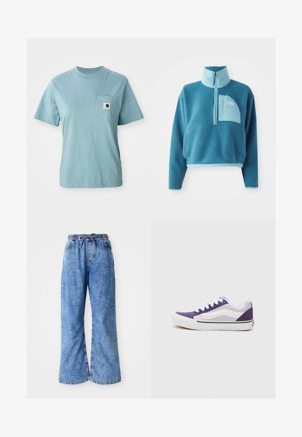 Pull en polaire bleu avec une fermeture éclair partielle, col haut et une poche frontale. Accentué d'une bordure bleu clair et d'une texture de tissu.; T-shirt en coton léger bleu clair à manches courtes avec poche poitrine affichant un petit patch logo Carhartt noir et blanc.; Pantalons évasés en denim bleu clair avec une taille élastique et un cordon de serrage. Présente des coutures double piqûre et un ourlet brut. Aucune poche visible.; Baskets en suède violettes et blanches avec un design basse, présentant un bout arrondi, des lacets blancs et une bande noire le long de la semelle.