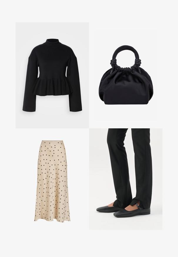 Sort striktrøje med høj hals, lange ærmer og peplum-facon. Glat tekstur med en tætsiddende overdel og udvidet nederdel.; Beige midi nederdel lavet af glat stof, med et sort prikket mønster over det hele, let udvidet silhuet og splitdetalje.; Ben iført sorte smalle bukser med forreste slidser ved kanten, parret med sorte flade Mary Jane-sko med lille spænde.; Sort blød stofhåndtaske med samlet top og cirkulære polstrede håndtag bundet med knuder på hver side.