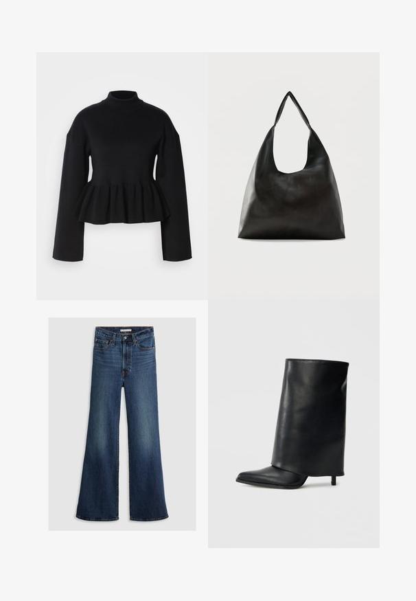 Sort striktrøje med høj hals, lange ærmer og peplum-facon. Glat tekstur med en tætsiddende overdel og udvidet nederdel.; Bredde ben jeans i mørkeblå denim med høj talje, fem-lomme design og kontrasterende syninger langs sømmene og taljebåndet.; Sort læderankelstøvle med et struktureret, ombukket design, spids tå og en tynd hæl. Glat tekstur med minimalt detaljer.; Sort skuldertaske i glat læder med en bred, enkelt strop og et afslappet, minimalistisk design mod en ensfarvet baggrund.