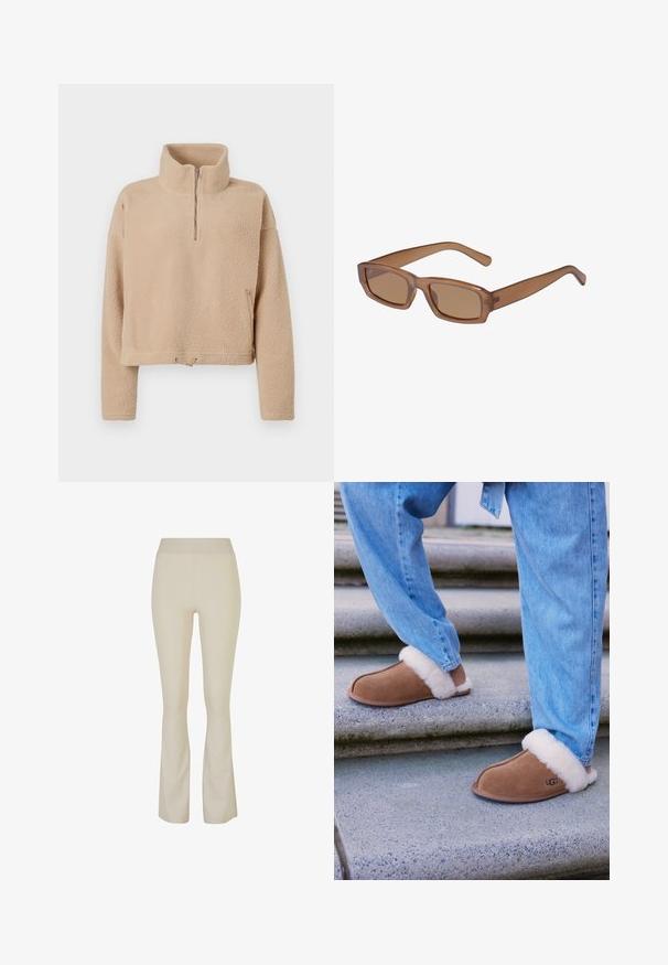 Pull en fleece beige avec un col montant, fermeture éclair mi-haute à l'avant et épaules tombantes. Il présente un tissu texturé et une taille raccourcie avec un cordon de serrage.; Pantalons évasés beiges en tissu extensible, avec une taille haute et des fentes discrètes sur l'ourlet pour une touche de détail.; Chaussons en daim marron avec doublure en fourrure blanche, bout arrondi et semelle en caoutchouc, associés à un jean en denim bleu sur des marches en granite.; Lunettes de soleil brunes, rectangulaires, avec une monture transparente, des branches fines et des verres teintés, offrant une texture lisse et un design moderne.