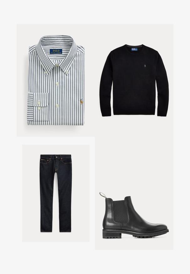 Schwarzer Langarm-Rundhalspullover mit kleinem Polo Ralph Lauren-Logo, das auf der linken Brust gestickt ist.; Gefaltetes weißes Hemd mit marineblauen vertikalen Streifen, Button-Down-Kragen und Polo Ralph Lauren-Logo auf der Brust gestickt.; Dunkelblaue Slim-Fit-Jeans mit fünf Taschen, Knopfverschluss und Kontrastnähten, flach auf hellem Hintergrund ausgelegt.; Schwarzer Leder-Chelsea-Stiefel mit elastischen Seitenteilen, Zuglasche hinten und profiliertem Gummisohlenabsatz, im Profil gezeigt.