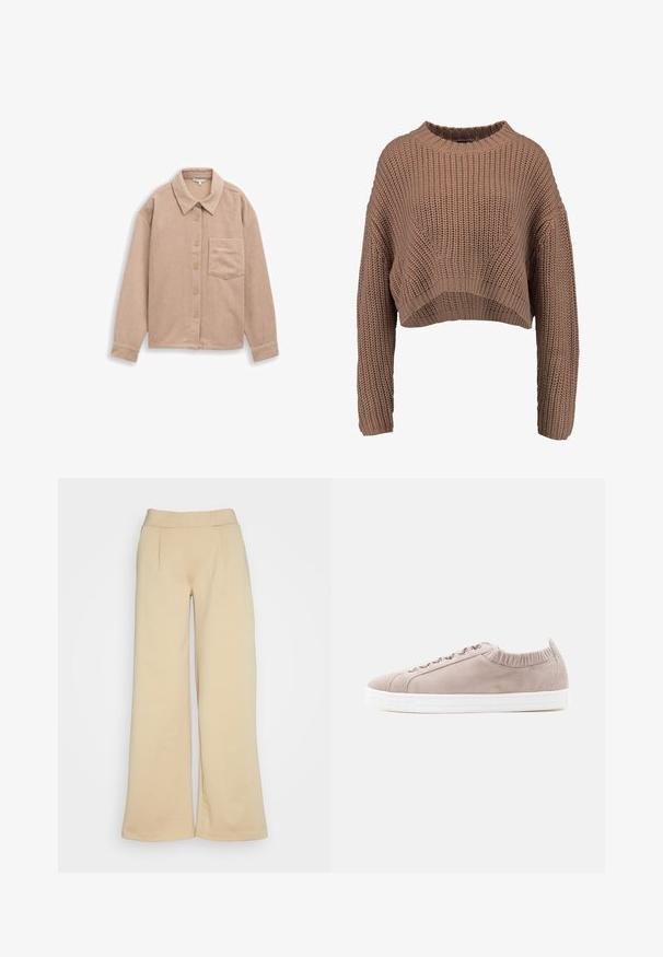 Pruun kudumitega lühike sviiter, millel on ribakujuline tekstuur, laiad varrukad ja ümmargune kaelus. Pehme, paks materjal ja lõdva istuvusega.; Beige corduroy särgijope, millel on krae, viie nupuga suletus ja üks rinna tasku. Pehme tekstuur ja vertikaalne ribastus.; Beežid laiad püksid siledast materjalist, millel on kõrge vöökoht ja kaks esistungi, mis lisavad disainile detaili.; Helebeeži pehme nahast madala säärega spordijalats valge tallaga, elastse kraega ja metallist paelteavadega, kujutatud küljelt valgel taustal.