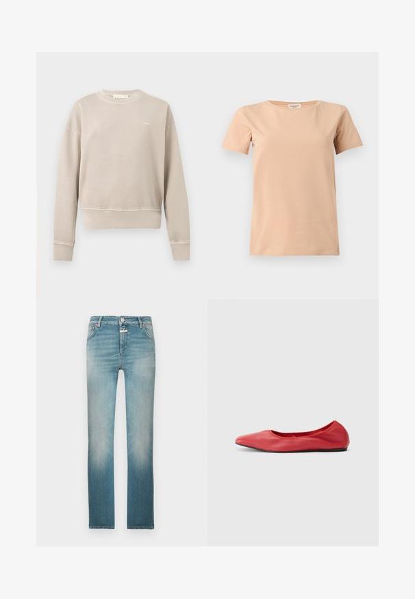 Sweat beige col rond avec manches longues, poignets et ourlet côtelés, petit logo blanc sur le côté gauche de la poitrine, design uni.; T-shirt beige manches courtes avec col rond et ourlet droit sur un fond uni gris clair.; Jean en denim bleu clair à coupe droite, finition délavée, cinq poches et fermeture par bouton en métal à la taille.; Filippa K REY FLATS - Ballerines - bright red