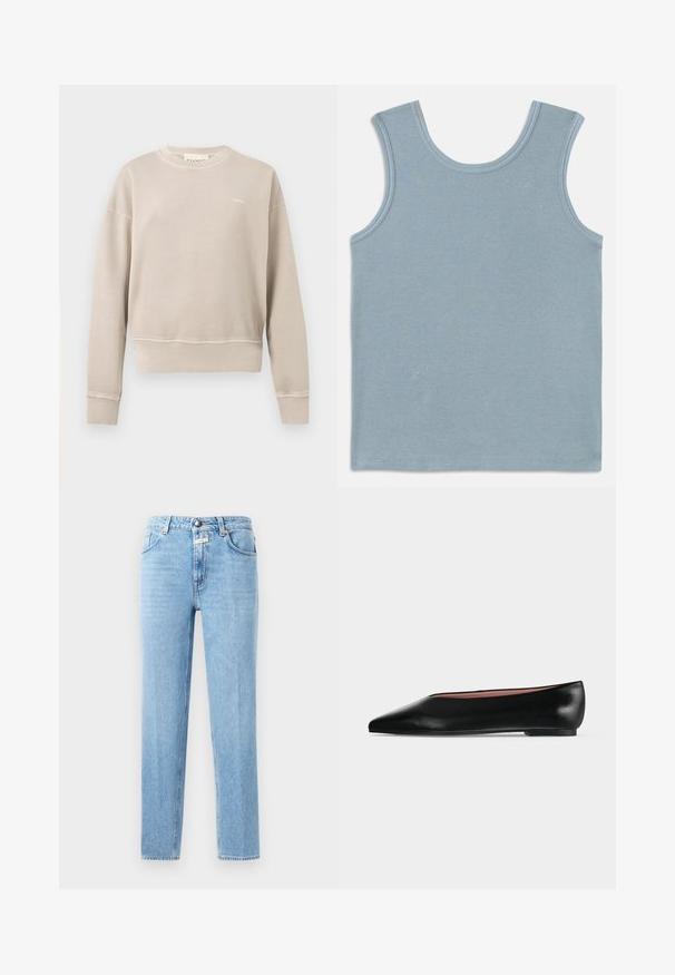 Beige sweater met ronde hals en lange mouwen, geribde boorden en zoom, klein wit logo op de linkerborst, eenvoudig ontwerp.; Lichtblauw tanktop van ribstof. Heeft een ronde halslijn en brede armsgaten. Platte naden aan de randen en een rechte zoom.; Lichtblauwe denim jeans met een rechte pijp, vijf-pocket ontwerp en metalen knoopsluiting. Gelaagd stof met minimale vervaging.; Zwarte leren damesschoen met platte zool, puntige neus en lage hak, zijwaarts afgebeeld tegen een effen lichtgrijze achtergrond.