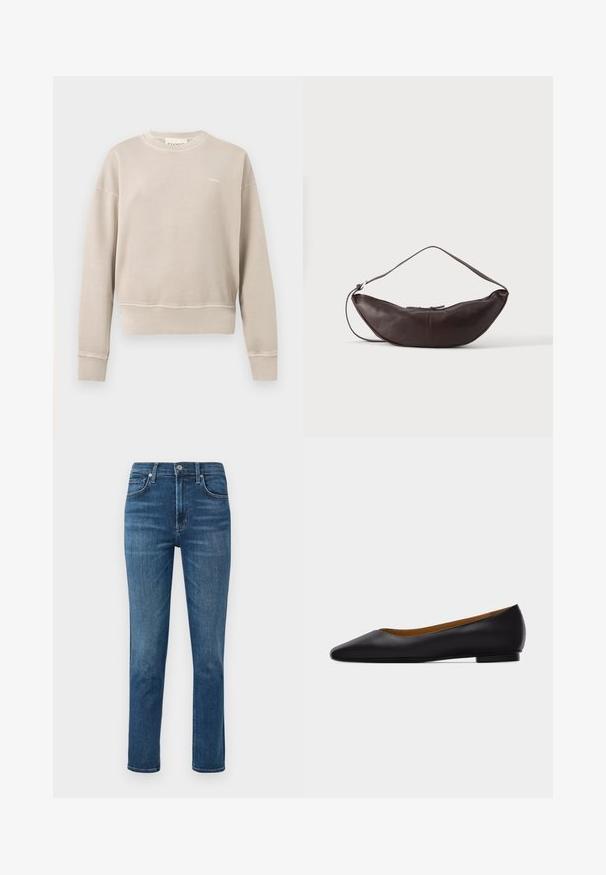 Sweat beige col rond avec manches longues, poignets et ourlet côtelés, petit logo blanc sur le côté gauche de la poitrine, design uni.; Jean en denim bleu foncé avec une coupe droite, un design à cinq poches et un bouton en métal à la taille. Légères décolorations et détails de couture.; Chaussure plate en cuir noir à bout pointu avec talon bas et finition lisse, vue de côté sur un fond gris clair.; Sac d'épaule en cuir marron foncé en forme de croissant avec une lanière courbée et des coutures visibles sur fond uni.