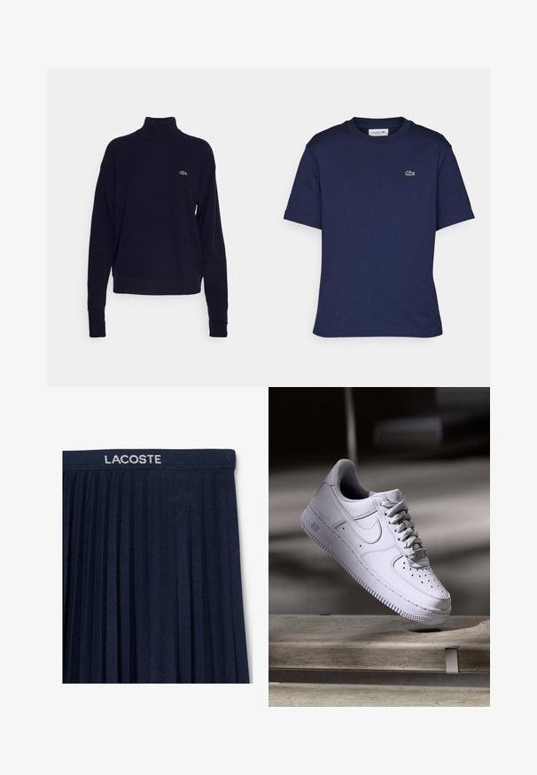 Mørkeblå turtleneck sweater lavet af blødt stof, med lange ærmer og et lille grønt logo på brystet. Enkel, tætsiddende design.; Kortærmet navy blue t-shirt lavet af bomuld, med rund hals og et lille grønt Lacoste-logo på venstre bryst.; Marinblå plisseret nederdel med elastisk talje og hvid "LACOSTE" logo. Blød stofstruktur med lodrette plisseringer for bevægelse.; Hvid Nike Air Force 1 sneaker svævende over en betonoverflade med skygger i et minimalistisk miljø.