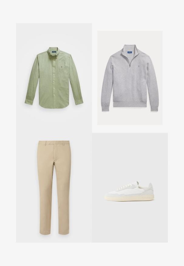 Helesinine struktuurne kootud pullover pikkade varrukate, veerandtõmbluku, püstkrae ja väikese Polo Ralph Lauren logoga rinnal.; Hele roheline pika varrukaga nööpidega särk, millel on terav krae, rinnal väike tikitud logo ja pärline nööp.; Beezikadest puuvillased püksid sirge lõikega, millel on vöörihmade aukud, lapitekinne ja kohandatud äärised. Sile tekstuur ja minimaalne detailide jagamine.; Valge tennisejalanõu, mille ülemine osa on valmistatud tekstuurse seemisnahast ja nahast. Omab ümarat ninaosa, paeltega sulgurit ja kontrastset beeži kummist tallaga.