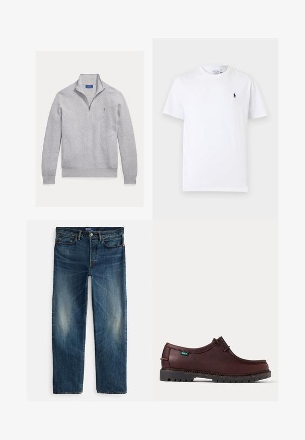 Hellgrauer, strukturierter Strickpullover mit langen Ärmeln, Viertelreißverschluss, Stehkragen und kleinem Polo Ralph Lauren-Logo auf der Brust.; Weißes T-Shirt mit kurzen Ärmeln und Rundhalsausschnitt mit kleinem dunkelblauem Polo-Spieler-Logo auf der linken Brust.; Indigoblaue Denim-Jeans mit geradem Bein, Fünf-Taschen-Design und subtilen Verblassungen an den Oberschenkeln. Metallknopf- und Reißverschlussverschluss.; Dunkelbrauner Leder-Mokassinschuh mit schwarzer robuster Sohle und grünem Polo-Logo-Etikett an der Seite, Seitenansicht.