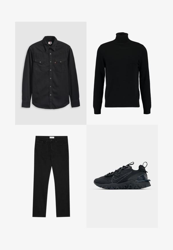 Un pull à col roulé noir en matière tricotée douce. Il possède des manches longues, un col et un ourlet côtelés. Son design est simple et épuré, sans motifs.; Chemise en denim noir avec col boutonné, deux poches poitrine et un col pointu avec des détails de couture visibles.; Jean droit noir avec un design à cinq poches, fermeture à bouton et zip, et une étiquette de marque Pier One sur la taille.; Chaussure de sport noire avec une tige en mesh respirant, des accents texturés et une semelle en caoutchouc ondulée. Comprend un logo réfléchissant et un système de laçage.