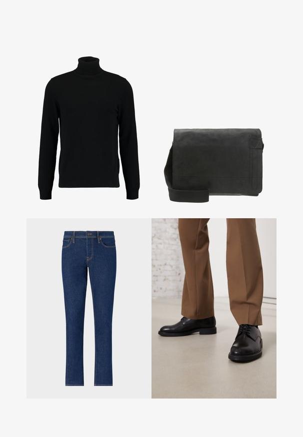 Zwarte coltrui gemaakt van een zacht breimateriaal. Heeft lange mouwen, een geribbelde kraag en zoom. Eenvoudig, strak ontwerp zonder patronen.; Donkerblauwe denim jeans met een recht model, voorzien van subtiele stiksels, vijf zakken en een knoopsluiting bij de taille.; Zwarte leren schoenen met een gladde oppervlakte en een ronde neus, metveterafsluiting en een lage, platte zool. Gecombineerd met bruine broeken.; Zwarte leren boodschappentas met een gladde textuur, klep-sluiting, verstelbare stoffen schouderband en subtiel reliëflogo op de voorkant.