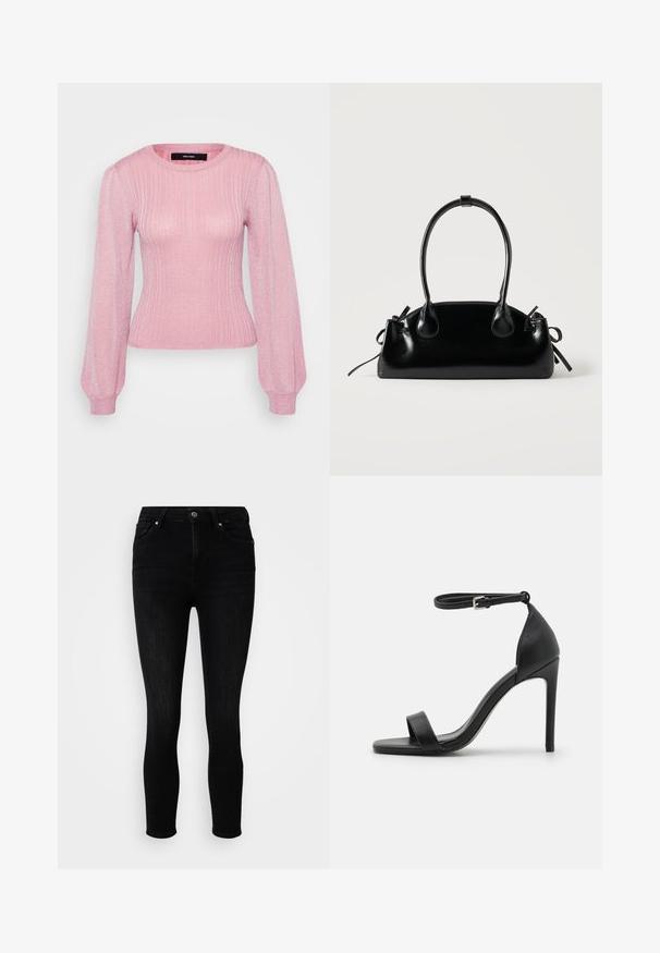 Vero Moda Petite VMTALIA O NECK - Striktrøje - rose elegance/silver-coloured; ONLY Petite ONLPOWER MID PUSH UP - Jeans Skinny Fit - washed black; Sort højhælet sandal med et sleek design, der har en ankelrem, åben tå og glat lædertekstur.; Lille sort blank håndtaske med to lange håndtag og snøre-detaljer i siden på en ensfarvet lys baggrund.