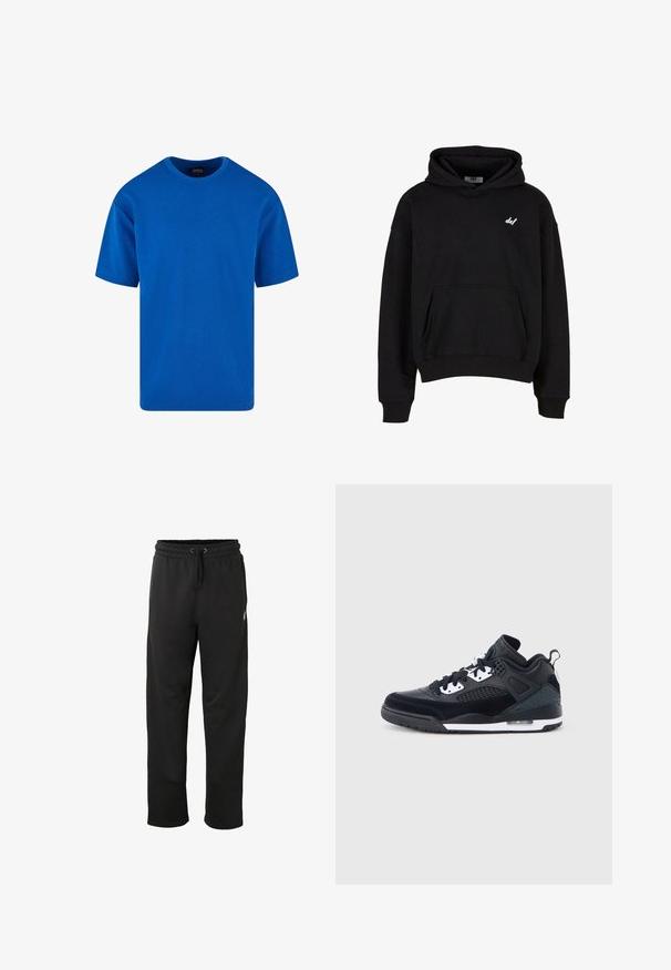 Sudadera con capucha negra hecha de una tela suave, con un bolsillo frontal y un pequeño logo blanco "def" en el lado izquierdo del pecho.; Camiseta azul de mangas cortas hecha de algodón, con un cuello redondo clásico y un corte relajado. Textura suave sin patrones ni acentos visibles.; Pantalones deportivos casuales negros con cintura elástica y cordón, corte recto en las piernas y pequeño logo blanco en el muslo superior.; Zapatilla deportiva en blanco y negro que combina materiales de cuero y malla, con un cuello acolchado, paneles laterales perforados y una unidad de aire visible.