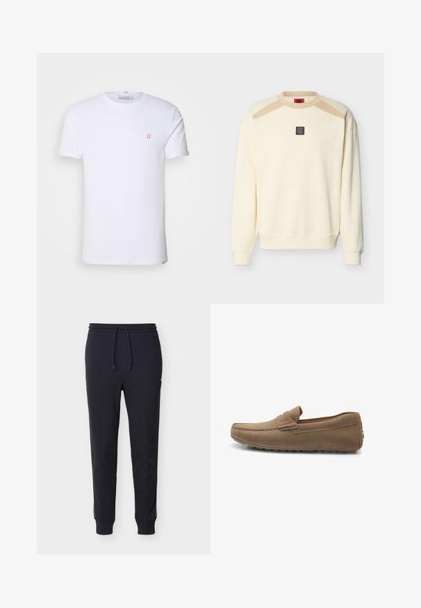Cremefarbener Langarm-Sweatshirt mit beigen Schulterakzenten und einem kleinen schwarzen quadratischen Logo-Patch in der Mitte der Brust.; Weißes Baumwoll-T-Shirt mit kurzen Ärmeln, das ein kleines orangefarbenes "II"-Logo auf der linken Brust und einen Rundhalsausschnitt aufweist. Einfaches Design und Textur.; Schwarze Slim-Fit-Jogginghosen mit gerippten Bündchen, Kordelzugbund und dezentem seitlichem Logo auf reinweißem Hintergrund.; Braune Wildleder-Mokassins mit gesteppten Details, weicher Textur, flacher Gummisohle und einem kleinen Logo nahe der Ferse, entworfen für Komfort.