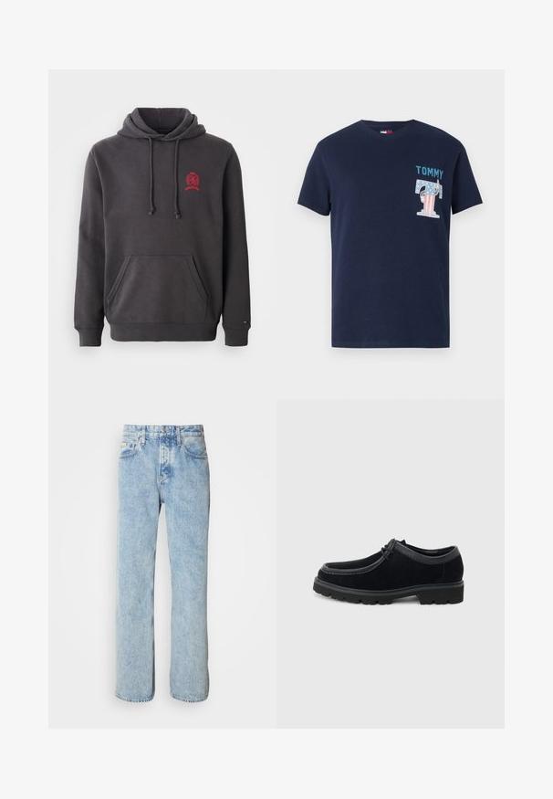 Mørk grå hættetrøje lavet af en blanding af bomuldsstof, med en kengurulomme, justerbar snor i hætten, og et lille rødt logo på brystet.; Mørkeblå bomulds t-shirt med rund hals. Har "TOMMY" i teal og et grafik af et "T" med stjerner og striber. Korte ærmer.; Lyseblå denimjeans med lige pasform, fem-lomme design og synlige syninger. Klassisk talje med knaplukning.; Sort snøresko i ruskind med tyk gummisål og rund tå, vist fra siden på en lys grå baggrund.
