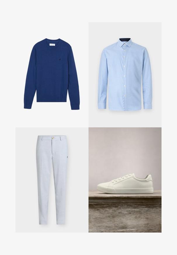 Suéter de punto azul marino con cuello redondo, mangas largas y puños acanalados. Presenta un pequeño logo bordado en el pecho.; Camisa de manga larga abotonada en azul claro con un pequeño patrón de cuadros, botones blancos y un cuello en contraste de color azul oscuro. Textura suave.; Pantalones azul claro de tela texturizada, con pierna recta, cierre de botón y un pequeño diseño bordado en el lateral.; Zapatilla blanca con cordones flotando sobre un banco de madera con follaje verde al fondo, mostrando el diseño y la textura del zapato.