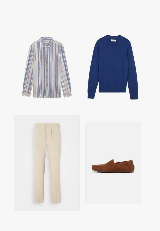 Pull en tricot bleu marine avec un col rond, des manches longues et des poignets côtelés. Présente un petit logo brodé sur la poitrine.; Chemise à manches longues avec un col, ornée de rayures verticales bleues, beiges et blanches. Fabriquée dans un tissu texturé, avec un col et des boutons en métal.; Pantalons beiges à taille élastique avec cordon de serrage. Comprend des jambes droites et une texture lisse, adaptés pour un usage décontracté ou pour se détendre.; Mocassin pour homme en daim marron avec semelle en caoutchouc et coutures de style mocassin, vu de profil sur fond blanc.
