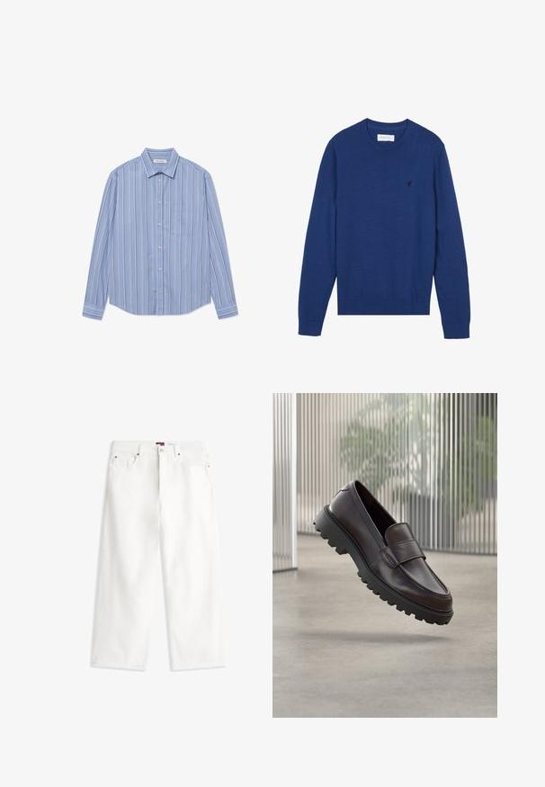 Suéter de punto azul marino con cuello redondo, mangas largas y puños acanalados. Presenta un pequeño logo bordado en el pecho.; Camisa de botones de manga larga en color azul claro con rayas verticales. Presenta un collar puntiagudo y un bolsillo en el pecho. Está hecha de una tela suave.; Vaqueros blancos de tiro alto y pierna ancha con botón y cremallera delanteros, cinco bolsillos y una pequeña etiqueta con el logo en la cintura.; Zapato de cuero marrón tipo mocasín con punta redondeada y suela de goma negra resistente. Presenta una correa decorativa sobre el empeine.