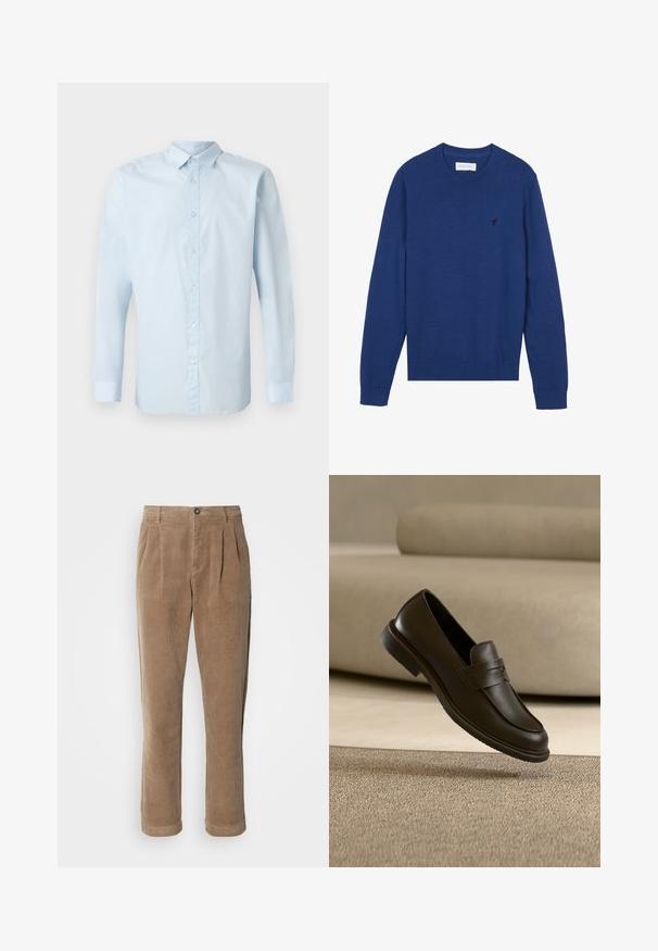 Suéter de punto azul marino con cuello redondo, mangas largas y puños acanalados. Presenta un pequeño logo bordado en el pecho.; Camisa de manga larga azul claro hecha de tela suave, con frente de botones, cuello estándar y puños abotonados.; Pantalones de pana marrones con un diseño de cintura alta, que presentan pliegues frontales, un cierre de botón y piernas rectas. Se puede ver la textura de la tela.; Un solo mocasín de cuero marrón oscuro flotando sobre una alfombra beige texturizada, con un sofá beige desenfocado al fondo.