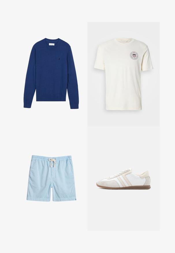 Suéter de punto azul marino con cuello redondo, mangas largas y puños acanalados. Presenta un pequeño logo bordado en el pecho.; Camiseta de algodón color crema con cuello redondo, mangas cortas y un logo circular con rayas rojas y texto en el pecho.; Bañador azul claro de tejido suave, con cintura elástica, bolsillos frontales y cordón de ajuste para mayor comodidad.; Zapatilla de perfil bajo en blanco y beige con detalles en ante, cierre de cordones y suela de goma marrón, mostrada de lado sobre un fondo llano.