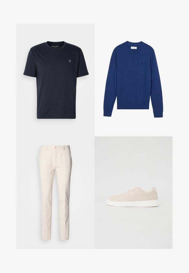 Suéter de punto azul marino con cuello redondo, mangas largas y puños acanalados. Presenta un pequeño logo bordado en el pecho.; Camiseta de algodón azul marino de manga corta, con cuello redondo y pequeño logo bordado en el pecho. Textura suave, diseño casual.; Pantalones ajustados de color beige claro, confeccionados en una tela suave. Cuentan con cierre de botón, pasadores para cinturón y un diseño de pierna recta y estrecha con textura mínima.; Zapatillas de ante beige con suelas de goma blanca, puntera redondeada y seis ojales para los cordones. Textura suave con un diseño minimalista.